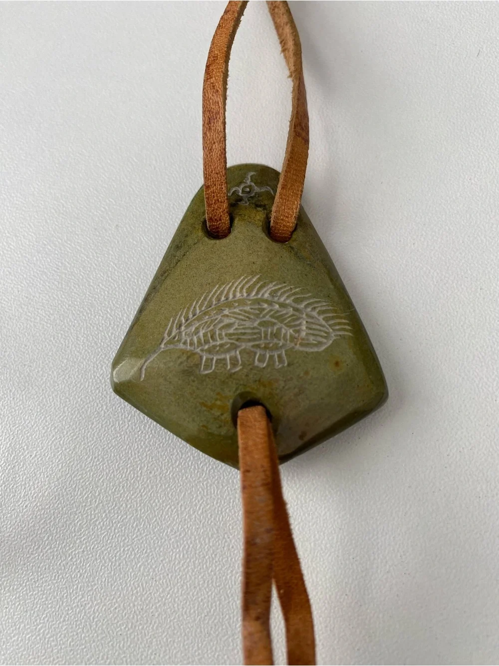 Olive Green Stone Pendant Leather Lariat Necklace Bolo with  Etching - unisex